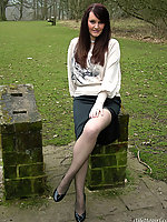 Black high heels and horny stockings look so good on this brunette
