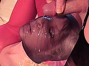 Cumshot on my mature pantyhose face