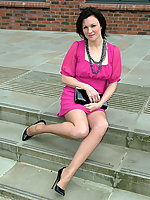 This MILF loves to show off her pantyhose and black high heels outdoors