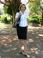 Gorgeous MILF loves being seen outdoors in her sexy high heels and skintone nylons