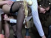 Strap-on armed sappho stuffing her rubber tool into a babeâ€™s soaking pussy