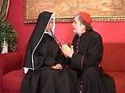 Hot blonde nun in sexy white stockings seduces an old horny priest and gets naked for some nasty assriding